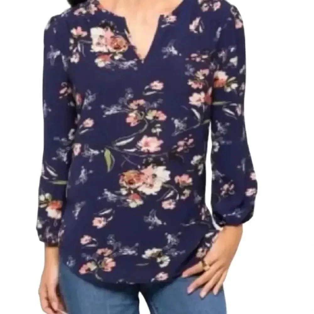 Fun2Fun Kenmore Split Neck un Navy‎ Floral Long Sleeve Rayon Blouse Women's Sz S